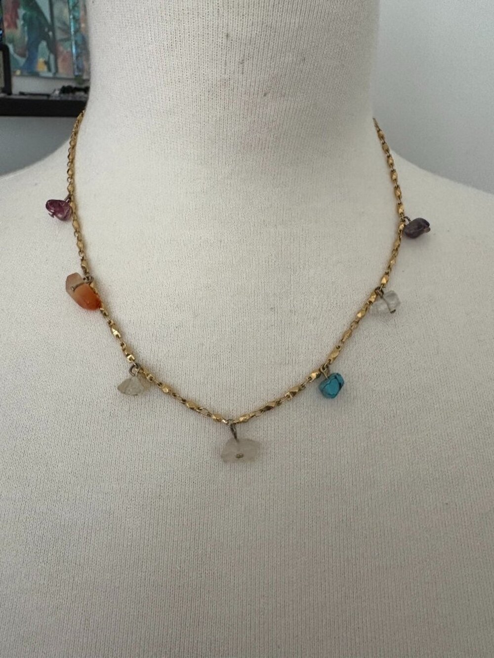 Dainty Gold Tone Necklace with Semi Precious Gemstone Charms 15 Inches